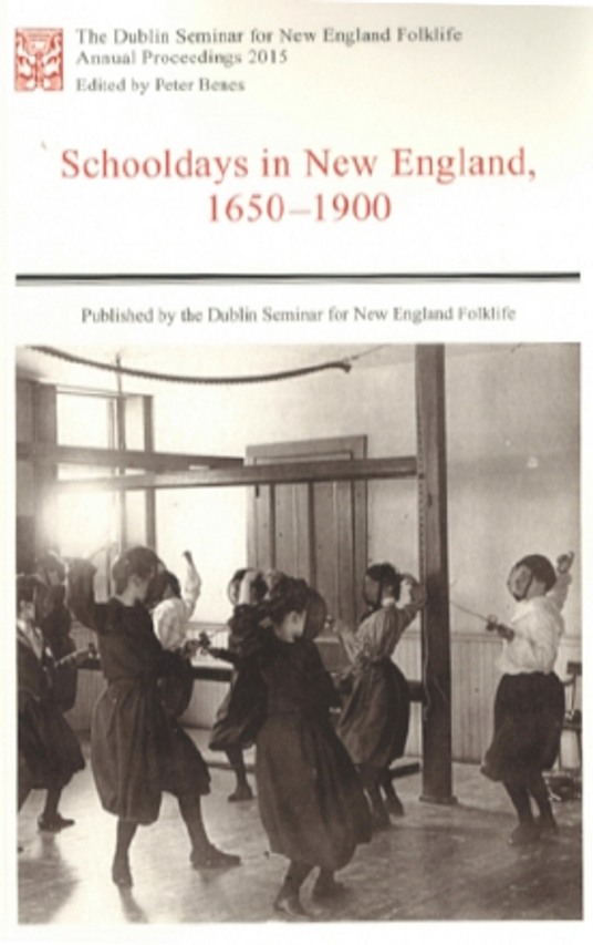 front cover of “Schooldays in New England” with a photograph of young women in a physical education class around 1900