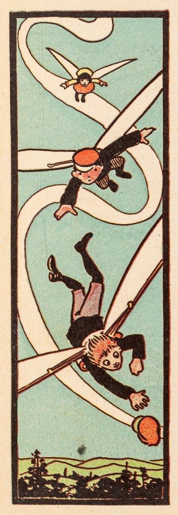Tall colored cartoon from 1902 of two white boys and one white girl dressed in jackets and knickers swooping through the air on insectoid wings over a wooded landscape. One of the boys is chasing his cap.